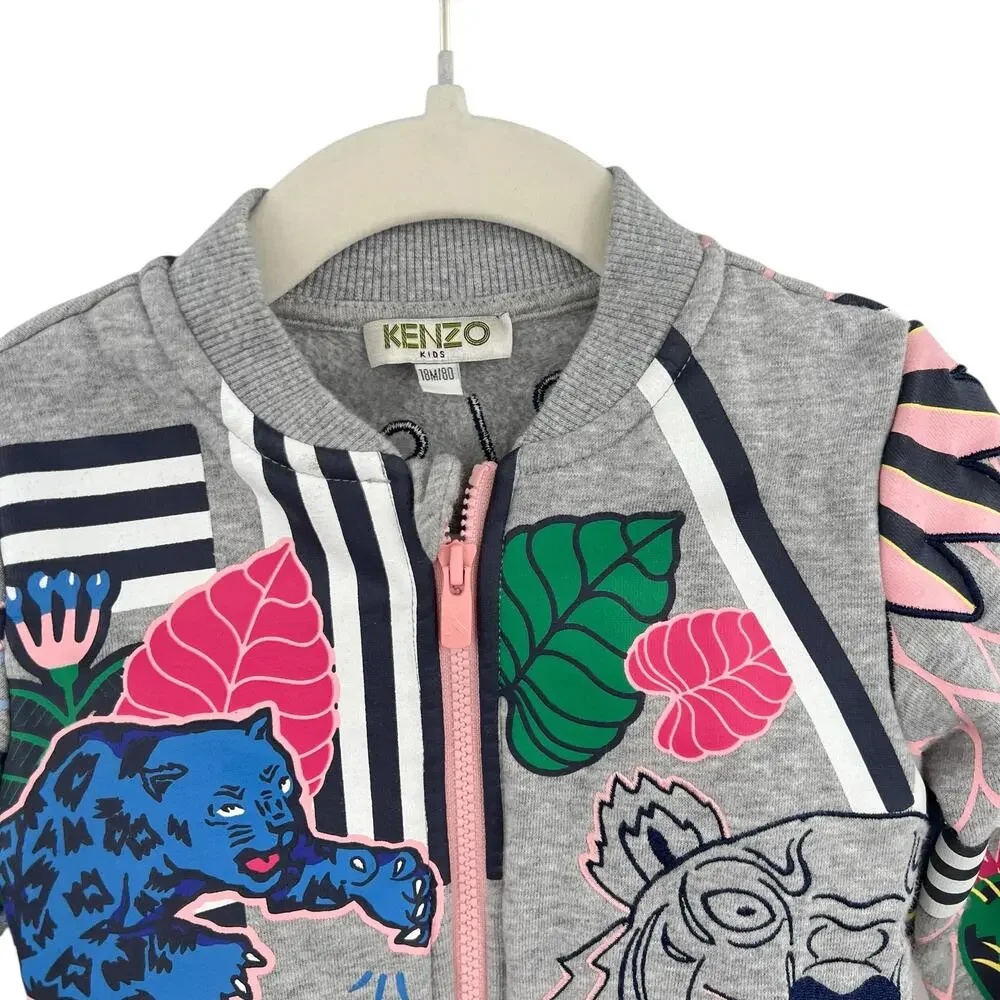 Kenzo Paris Kids Zip-Up‎ Jacket Sweatshirt Tiger Print Embroidered Gray Size 18M